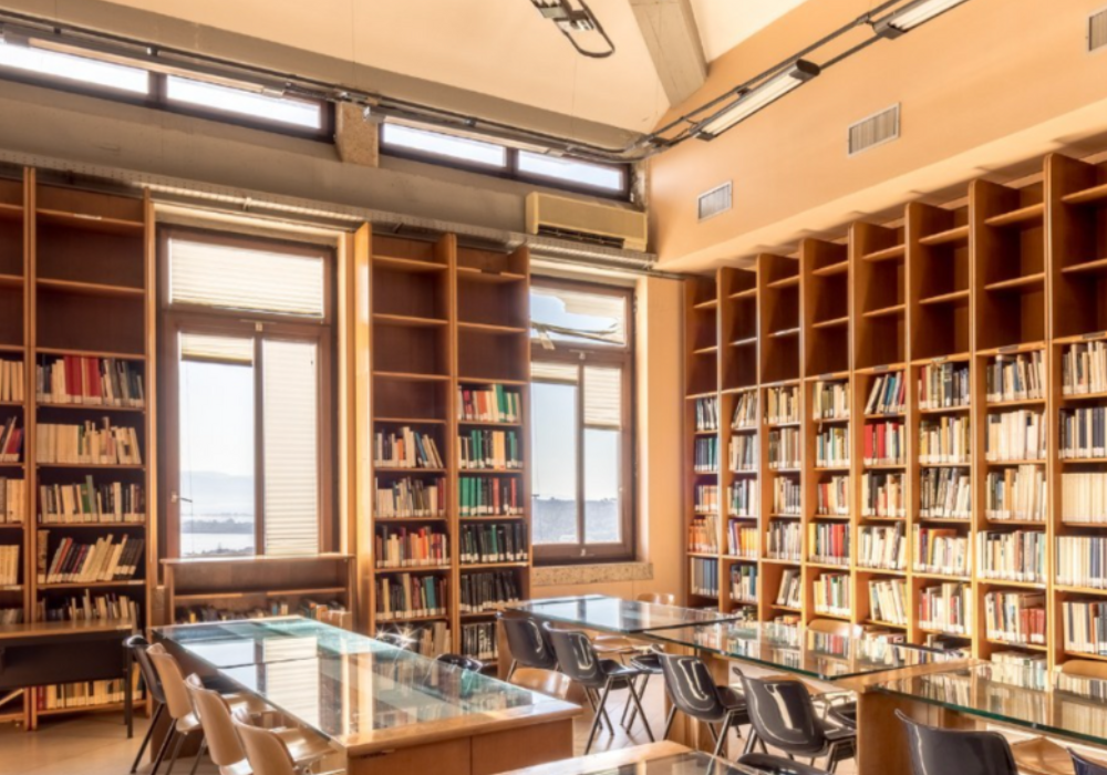 A cozy library filled with shelves of books.